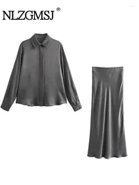 Work Dresses Nlzgmsj 2024 Ruched Satin Skirt Woman High Waist Long Skirts For Women Autumn Midi Elegant Set