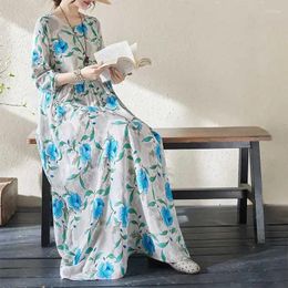 Casual Dresses Retro Cotton Linen Maxi Women Loose Cloth Floral Wrinkle O Neck Robe Female Long Sleeve Swing Vestidos Holiday