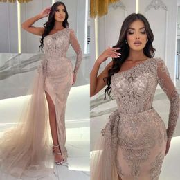 Evening Dresses Elegant Champagne Mermaid One Shoulder Beads Lace Party Prom Split Long Dress For Special Ocn