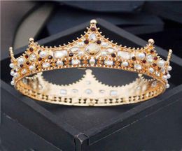 Baroque Royal King Diadem Men Crystal Pearls Metal Tiaras Wedding Crown Hair Jewellery Big Head Ornaments Prom Party Accessories 2112164120