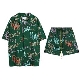 Fashionabla Rhuder Original Shirts Trendy Brand Full Print Letters Casual Short Sleeved Shirt Set For Men Women High Street Shirts