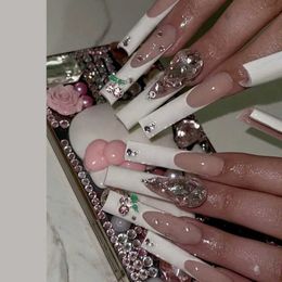 False Nails 24Pcs Artificial Finger Nails Set with Glue Long Ballet French False Nails with Rhinestone Coffin Cherry Design Press on Nails T240507