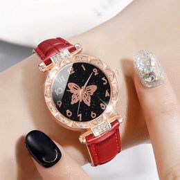Women's Watches Ladies Red 6PCS/Set Fashionable Casual Quartz Wrist Pu Leather Strap Butterfly Jewellery Set Gift For Girls
