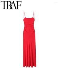 Casual Dresses 2024 Summer Red Party Evening Women Elegant Sling Dress Sleeveless Backless Ruched Slim Robe Female Midi Long Y2K