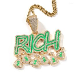 Pendant Necklaces Hip Hop 3A CZ Stone Bling Iced Out Dollars Sign Money Bag Rich Pendants For Men Rapper Jewellery Gold Silver Colour Gift