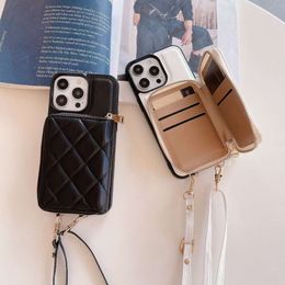 İPhone 15 Promax Kapağı Telefon Apple 14 Kart Deri Cüzdan Geri Kılıf, Crossbody Strap