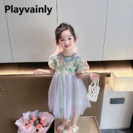 Girl's Dresses New Summer Dress for Baby Girl Round Collar Short Flare Sleeves Green Floral Mesh Princess Children Clothing H240507