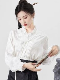 Ethnic Clothing 2024 Chinese Fashion Design Sense Tang Suit Blouse Vintage Solid Color Jacquard Button Top Causal Daily Irregular Flounce