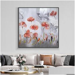 Paintings Abstract Flowers With Butterfly Painting On Canvas Hand Painted Oil Handmade Decorative Wall Art Forliving Room Drop Deliver Dh4Ev