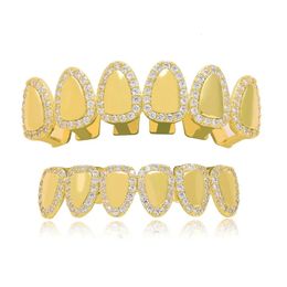 Hip Hop Iced Out Cubic Zirconia Mirror Face Tooth Grillz for Women Men Body Jewelry Gold Teeth Grills 6/6 Top Bottom Cap Set 240430