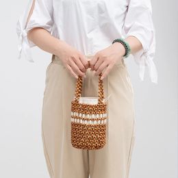 Casual Beach Color Beading Bucket Bags Summer Handmade Wooden Beads Handbags Hollow Out Tote Bags for Women Ladies Clutch Purses 240506