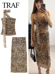 Work Dresses 2024 Summer Women's Sets Tulle Halterneck Pleats Leopard Print Tube Top A-Line Chic Wild Streetwear Female Long Skirt