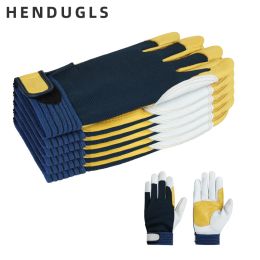 Gloves HENDUGLS 5pcs New Mens Sheepskin Leather Work Gloves Soft Building Construction Protective Gloves Free Shipping Wholesale 3005MY