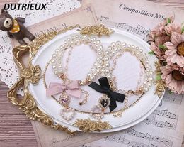 Charm Bracelets Handmade Japanese Style Women's Sweet Cute Lady Bow Fashion Jewellery Love Pearl Rhinestone Bracelet Soft Girl