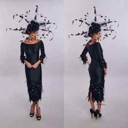 Black Sheath House Of Mooshki Mother Of The Bride Dress Jewel Neck Long Sleeve Feather Wedding Guest Dresss Tea Length Evening Gown 0431