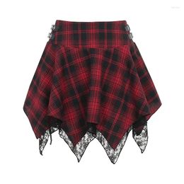 Skirts Elegant Red Plaid Print Mini Party Skirt Harajuku Rock Punk Women Gothic Irregular Lace Summer Fashion Short