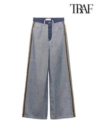 Women's Pants TRAFZA High Waisted Wide Leg Jeans Spliced Vintage Street Casual Colour Clash Trousers Reverse Design Loose