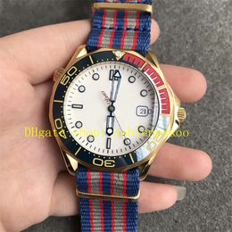 2 Style Limited Watches for Super Men OM Factory Cal.2507 Movement Automatic 41mm 300m White Dial Diver 007 Sport Omf 18K Yellow Gold Ribbon Nato Fabric Watch