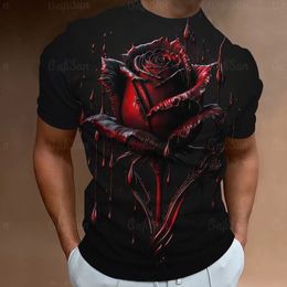 Fashion Mens TShirt 3D Flower Print Short Sleeve Tops Street Casual Rose T Shirt Streetwear Oversized Tee Men Clothing 240423