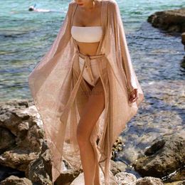 Women Beach Wear Printed Bikini Cover-ups Elegant Self Belted Kimono Dress Tunic Women Plus Size Beach Wear Swimwear Suit Cover Up d240507