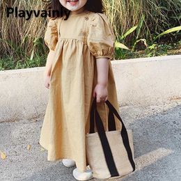 Girl's Dresses New Korean Style summer Dress for Kids Girls khaki puff sleeve Princess baby cotton Clothes H240507