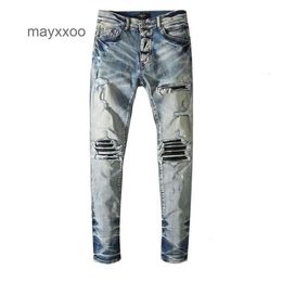 Dünne blaues Wasser Amiirii Loch Purpur elastische Jeans alte Herren Kuh Washington Mode Slim Jean Bein 2024 Demin E1OD