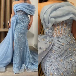 Evening Dresses Blue Mermaid Baby Elegant Off Shoulder Pearls Prom Dress Side Train Beaded Custom Made Formal Dresses For Women