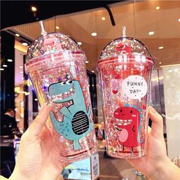 Cups Dishes Utensils Dinosaur Cute Water Bottle Cartoon Sequin Water Bottle with Straw Cap Student Water Cup Non Bisphenol A Childrens Beverage BottleL2405