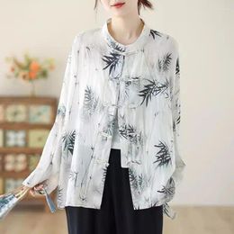 Women's Blouses Chinese Ink Print Button Up Cotton And Linen Shirt For Summer Retro Long Sleeve Medium Length Top Trendy 2024 K445
