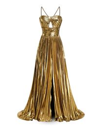 Spaghetti Long Prom Dresses Gold Split Satin Pleats A-Line Sexy Backless Plus Size Formal Occasion Evening Party Gown Pd19