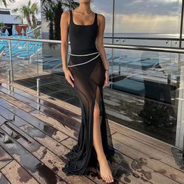 Skirts OMSJ 2024 Fishtail Half Skirt Chic Sexy Black Elastic Waist Sheer Mesh Split Midi Vacation Beach Style Summer Wrap Bottoms