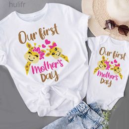 Family Matching Outfits Our First Mothers Day Deer Printed Family Matching Clothes Mom T-shirt Infant Romper Mommy and Baby Mothers Day Outfits Shirt d240507