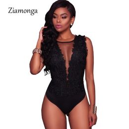 Ziamonga S-XXL Sexy Black Lace Bodysuit Women Mesh Jumpsuits Romper Backless Embroidery Ladies Body Dentelle Shorts Playsuits 263g