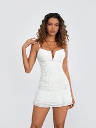 Casual Dresses CHQCDarlys Women Y2k Lace Trim Mini Dress Spaghetti Strap Low Cut Bustier Ruched Slit Bodycon Beach Cocktail