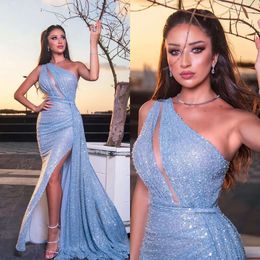 Blue Prom Sleeveless One Shoulder V Neck Appliques Shiny Sequins Evening Dresses Lace Satin Side Slit Floor Length Party Gowns Plus Size Custom Made 0431