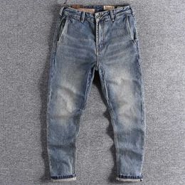 Men's Jeans Contrast color pocket autumn American tooling retro light-colored washed youth long pants slim jeans men J240507