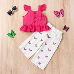 Clothing Sets Summer Kids Clothes Baby Girls Solid Sleeveless Crop Top White Butterfly Print Loose Pants Toddler Casual