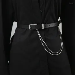 Belts Minimalist Fashionable Slim Fit Versatile Women's Chain Dress Jeans Belt PU Leather Rhinestone Punk Black Casual