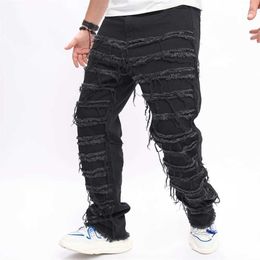 Men's Jeans Mens HipHop Distressed Stacked Spliced Biker Jeans Stylish Strt Men Cotton Solid Loose Straight Denim Pants Y240507