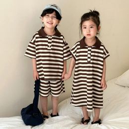 Clothing Sets Kid Summer Clothes Boy Baby Cotton Short Sleeve Tshirt Shorts 2pcs Girl Children Striped Polo Dress Loose Brother Sister