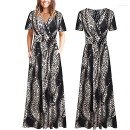 Party Dresses Summer Bohemia Dress Sexy V Neck Plus Size Women Clothing High Waist Leopard Print Female A-line Soft Pocket Short Sleeve