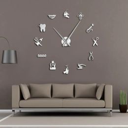 Clocks Dentist DIY Giant Wall Clock Dental Doctor Oversized Wall Clock Big Needle Mirror Dentist Office Decor Dentist Gift Doctor Art