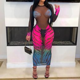 Casual Dresses OMSJ 2024 Summer Nightclub Party Tiger Stripe Printing Fashion Sexy Ladies Perspective Long-sleeve Tight Fit Pullover Maxi