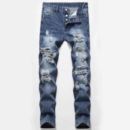 Jeans maschile europeo e americano da uomo in denim jeans jeans mendicanti dritti fori strappati nostalgici High Strt Personality Ruined Pants Y240507