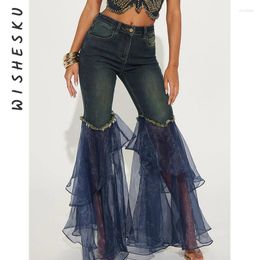 Women's Jeans Sexy Mesh Patchwork Flare Women High Waist Grunge Denim Pants 2024 Summer Vintage Birthday Y2K Clothes