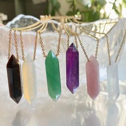 Pendant Necklaces 10pcs Natural Stone Big Long Hexagonal Pointed Pendulum Stainless Steel Chain Opal Quartz Pink Purple Crystal Necklace