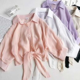 Women's Blouses Shirts HELIAR Women Buttoned Up Shirts Women Office Lady Blouse Tied Waist Thin Chiffon Crop Tops Blouses Shirts Women 2024 Summer d240507