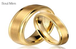 Soul Men 1 Pair Gold Colour Tungsten Carbide Wedding Band Rings Set For Him And Her 6mm For Men 4mm For Women Brushed Finish J190715565865