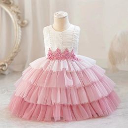 Girl Dresses Baby Dress 2024 Flower Pearl Princess Fashion Gradient Cake Carnival Host Birthday Performance