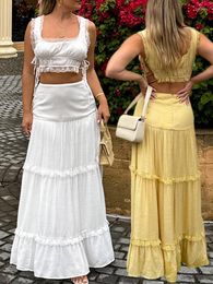 Casual Dresses Summer Women Boho Two Piece Sets Beach Skirts Suit Lace Vintage Up Top Skirt Crop Tops Maxi Strapless Stes